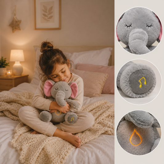 Child cuddling Luna breathing elephant plush
