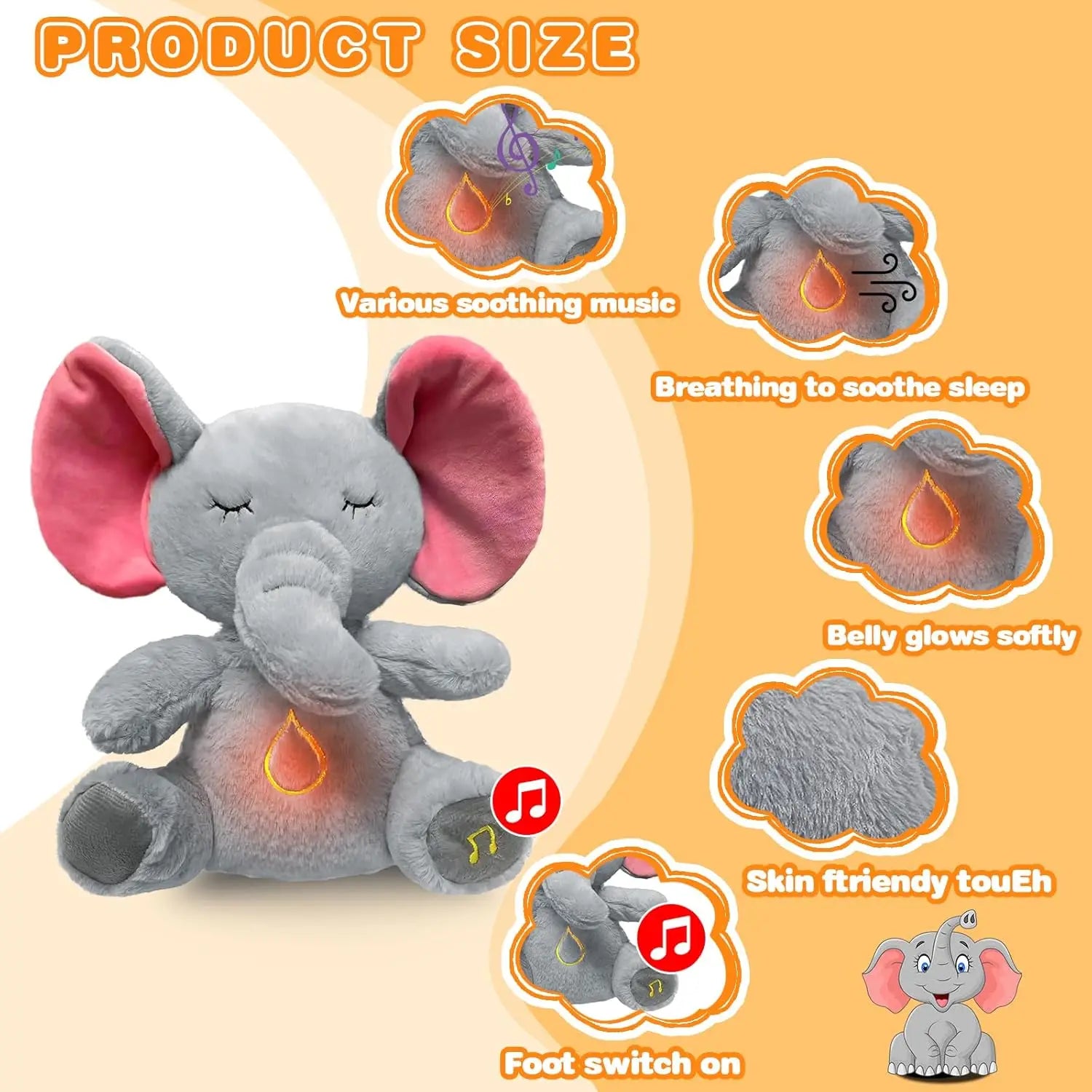 Baby Elephant Breathing Stuffed Animal Plush Doll Toy Sleeping Companion Music and Light Doll Sensory Stuffed Toy Kids